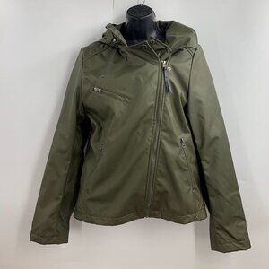Mia Melon‎ Women's Moto Asymmetrical Zip Up Hooded Lined Rain Jacket Size L NWT
